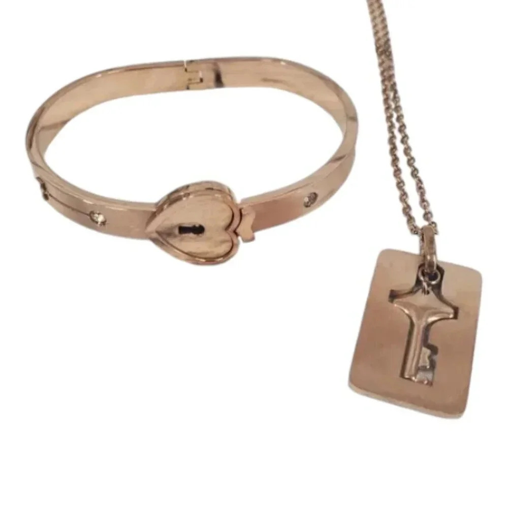 Rose Gold Lock and Key Bracelet and Necklace Couples Jewelry